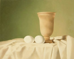 fine art paintings for sale: still life oil painting "Alabaster and Two Eggs" by Leah Kristin Dahlgren