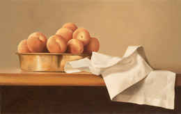 fine art paintings for sale: still life oil painting "Peaches in a Copper Pan" by Leah Kristin Dahlgren