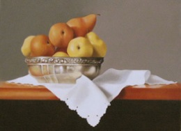 fine art paintings for sale: still life oil painting lilli's silver bowl by Leah Kristin Dahlgren