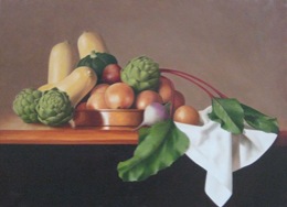 fine art paintings for sale: still life oil painting "Still Life with Artichokes" by Leah Kristin Dahlgren