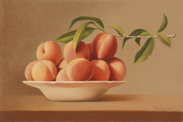 fine art paintings for sale: still life oil painting "Peaches in a China Bowl" by Leah Kristin Dahlgren