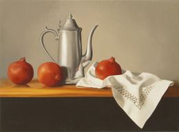 fine art paintings for sale: still life oil painting "Pewter Coffeepot with Pomegranates" by Leah Kristin Dahlgren