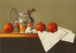 fine art paintings for sale: still life oil painting "Silver Pitcher with Pomegranates" by Leah Kristin Dahlgren