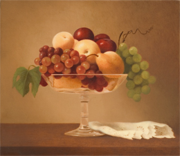 fine art paintings for sale: still life oil painting "Fruit in Compotier" by Leah Kristin Dahlgren
