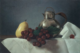 still life oil painting "fruit and pewter pitcher"  by leah kristin dahlgren